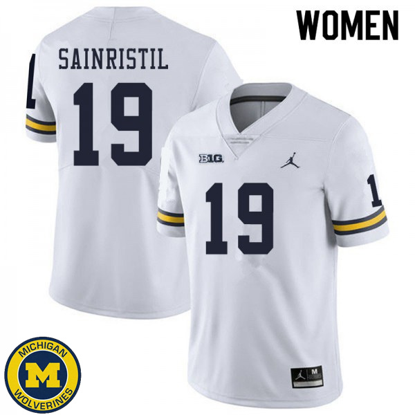 Women Michigan Wolverines #19 Mike Sainristil White Embroidery Football Jersey